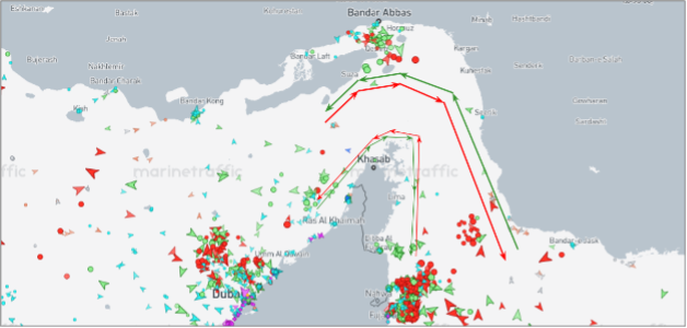 Strait of Hormuz transits on August 12 at 12:00 UTC (Credit: Marine Traffic)