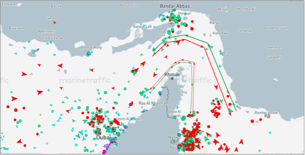 Strait of Hormuz transits on July 29 at 12:00 UTC (Credit: Marine Traffic)