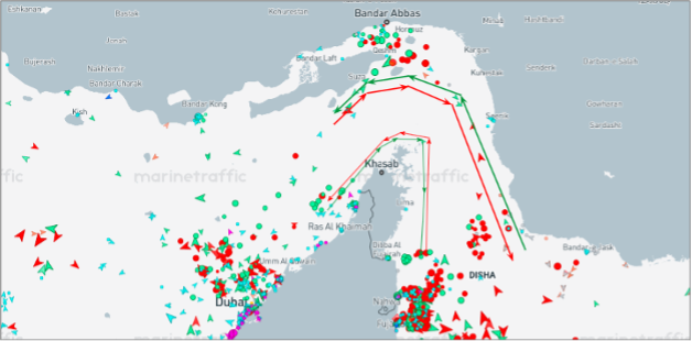 Strait of Hormuz transits on July 30 at 12:00 UTC (Credit: Marine Traffic)