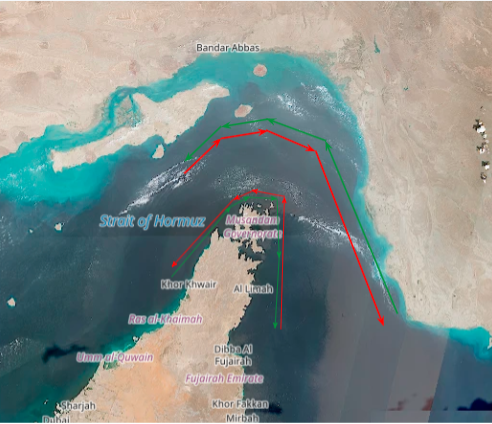 Transit corridors in the Strait of Hormuz on September 16 (Credit: ESA Copernicus)