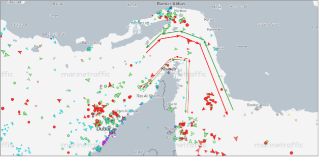 Strait of Hormuz transits on July 23 at 12:00 UTC (Credit: Marine Traffic)