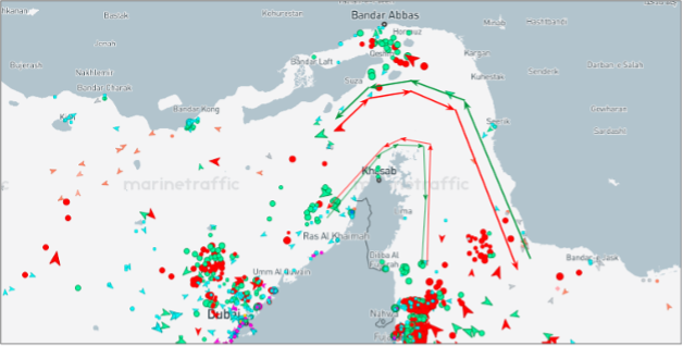 Strait of Hormuz transits on August 11 at 12:00 UTC (Credit: Marine Traffic)