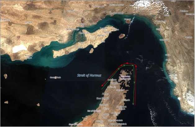Southern transit corridor of the Strait of Hormuz on October 19 (Credit: ESA Copernicus)