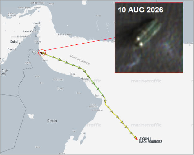 Tanker laden with Iranian LPG departing the Gulf of Oman on August 13  (Credit: Marine Traffic & ESA Copernicus)