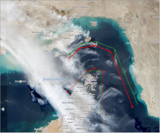 Transit corridors in the Strait of Hormuz on October 29 (Credit: ESA Copernicus)