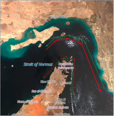 Transit corridors in the Strait of Hormuz on August 25 (Credit: ESA Copernicus)