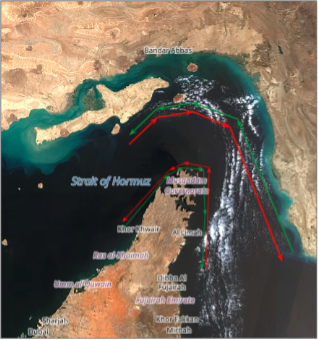Transit corridors in the Strait of Hormuz on August 27 (Credit: ESA Copernicus)
