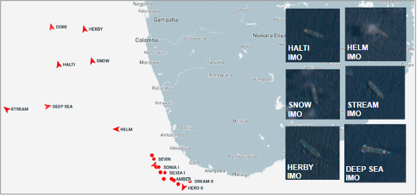 Iran-flagged tankers near Sri Lanka on August 23 (Credit: Marine Traffic & ESA Copernicus)