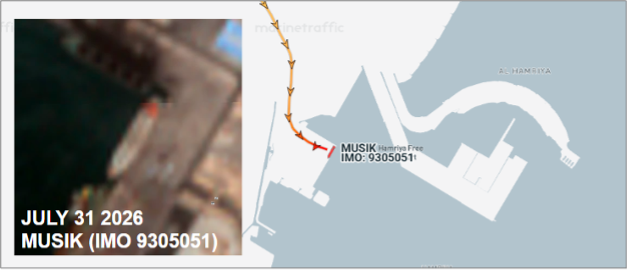Tanker laden with Iranian naphtha moored at Hamriya Port on July 31 (Credit: Marine Traffic & ESA Copernicus)