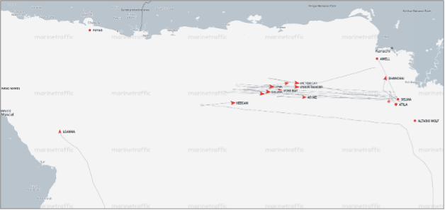Ghost fleet tankers departing and then returning to the Karachi OPL anchorage from August 1 to 3 (Credit: Marine Traffic)
