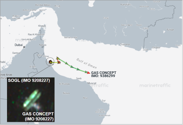 Tanker laden with Iranian LPG transiting the Gulf of Oman on August 5 (Credit: Marine Traffic & ESA Copernicus)