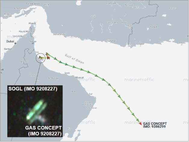 Tanker laden with Iranian LPG departing the Gulf of Oman on August 6 (Credit: Marine Traffic & ESA Copernicus)