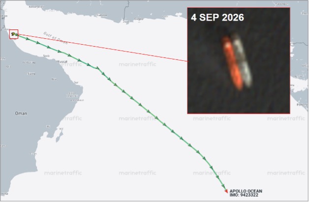 Tanker laden with Iranian LPG departing Gulf of Oman on October 12 (Credit: Marine Traffic & ESA Copernicus)