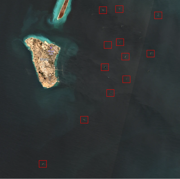 Laden tankers near Kharg Island on August 19 (Credit: ESA Copernicus)