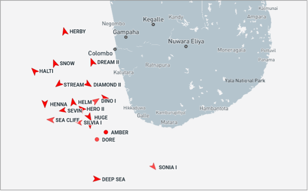 Iran-flagged tankers near Sri Lanka on August 28 (Credit: Marine Traffic)