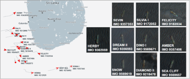 Iran-flagged tankers near Sri Lanka on September 1 (Credit: Marine Traffic & ESA Copernicus)