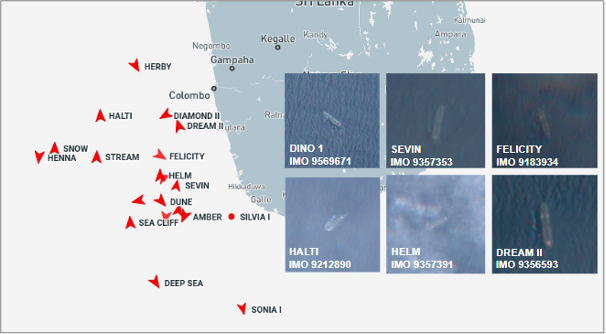 Iran-flagged tankers near Sri Lanka on August 27 (Credit: Marine Traffic & ESA Copernicus)