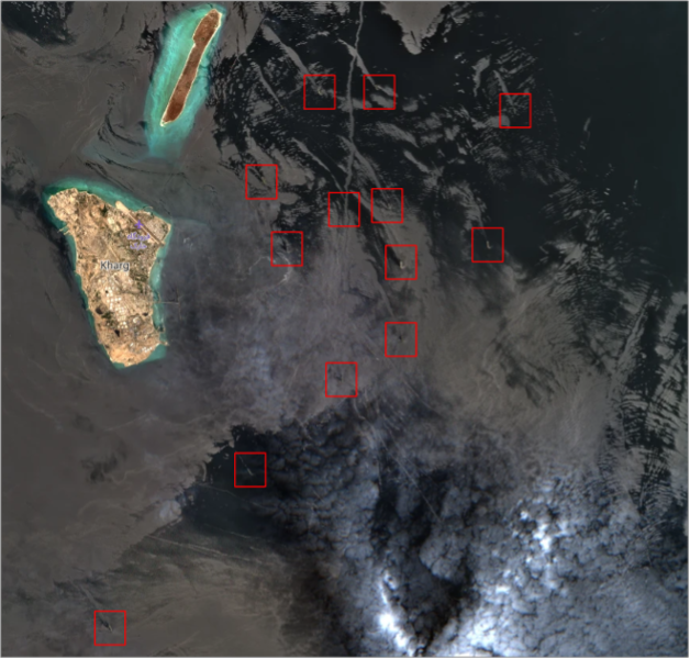 Laden tankers in Kharg Island’s anchorage on August 4 (Credit ESA Copernicus)
