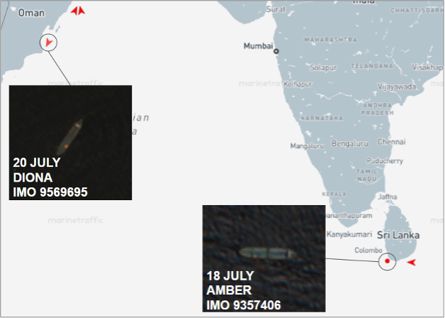 Empty Iran-flagged tankers waiting due to U.S. blockade on July 18 & 20 (Credit: ESA Copernicus & Marine Traffic)
