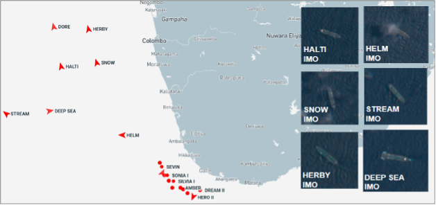 Iran-flagged tankers near Sri Lanka on August 24 (Credit: ESA Copernicus & Marine Traffic)