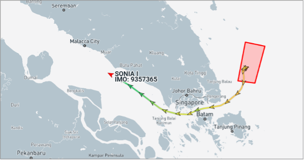 Iran-flagged tanker transiting the Malacca Strait on July 31 (Credit: Marine Traffic)