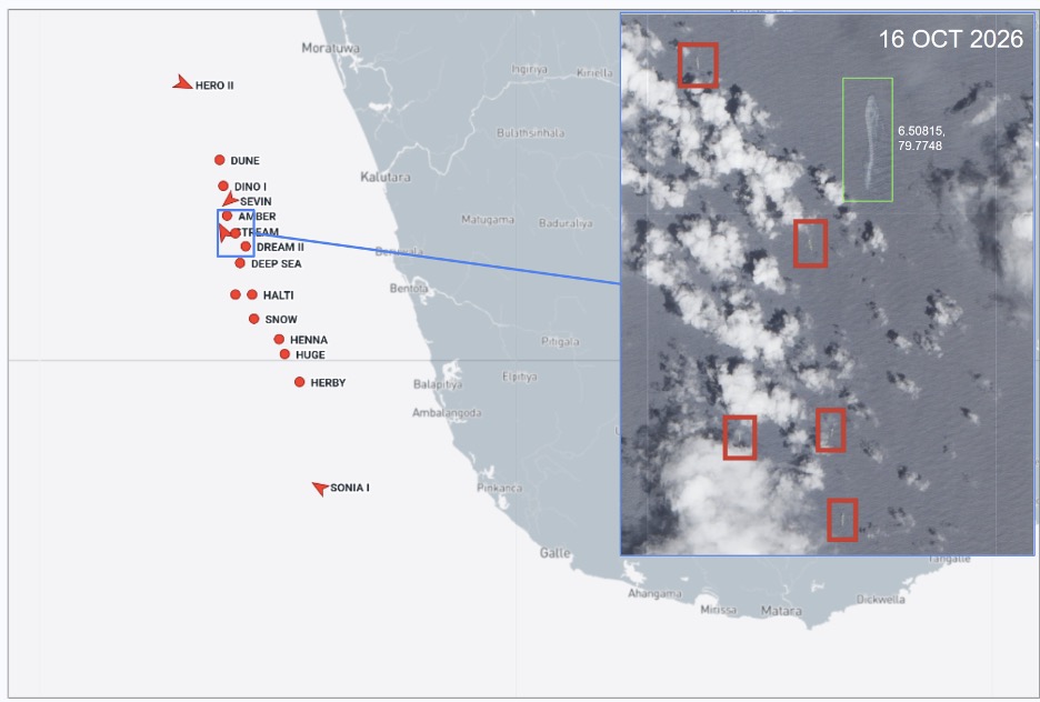 Iranian tankers and oil slick near Sri Lanka on October 16 (Credit: Marine Traffic & ESA Copernicus)