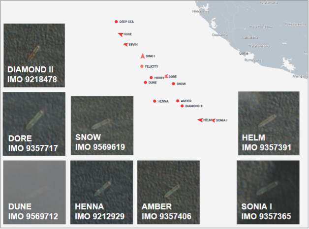 Empty Iran-flagged tankers near Galle, Sri Lanka on August 12 (Credit: ESA Copernicus)