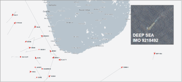 Iran-flagged tankers near Sri Lanka on September 3 (Credit: Marine Traffic & ESA Copernicus)