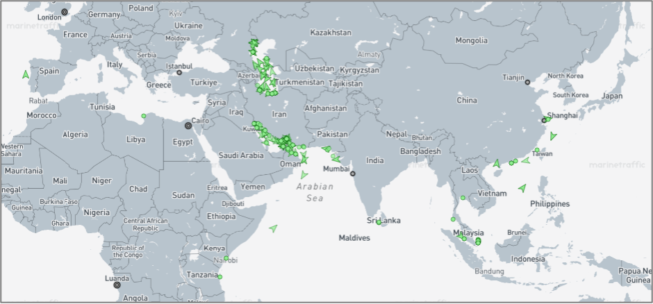 Iran-flagged cargo vessels across the region on September 15 (Credit: Marine Traffic)