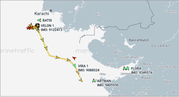 Iran-linked cargo ships near Pakistan and India on September 16 (Credit: Marine Traffic)