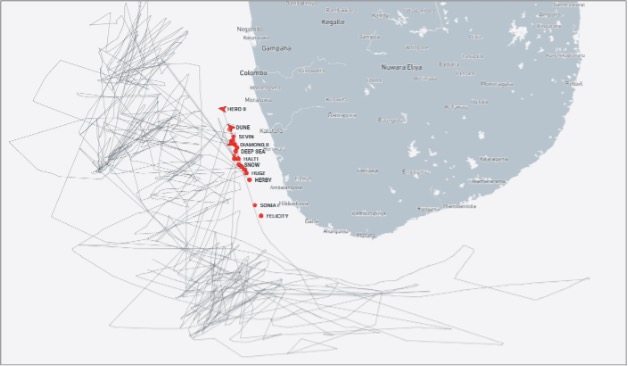 Movement of Iran-flagged tankers near Sri Lanka between September 13 and October 13 (Credit: Marine Traffic)