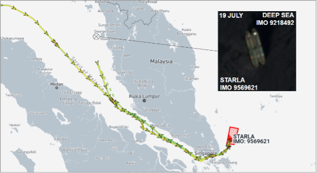 Iran-flagged tanker operations in Southeast Asian sea lanes in July (Credit: ESA Copernicus & Marine Traffic)