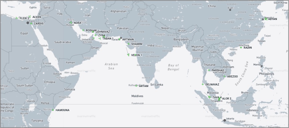 Iran-flagged cargo vessels across the region on October 20 (Credit: Marine Traffic)