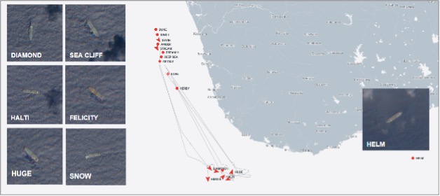 Empty Iran-flagged tankers near Sri Lanka on October 23 (Credit: ESA Copernicus & Marine Traffic)