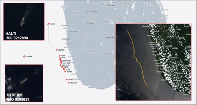 Iran-flagged tankers near Sri Lanka on October 6 (Credit: Marine Traffic & ESA Copernicus)