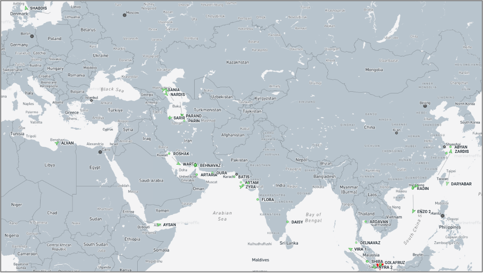 Iran-flagged cargo vessels across the region on August 25 (Credit: Marine Traffic)