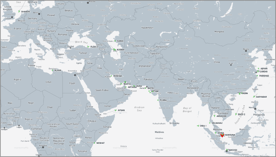 Iran-flagged cargo vessels across the region on August 25 (Credit: Marine Traffic)