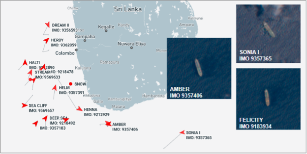 Iran-flagged tankers near Sri Lanka on September 8 (Credit: Marine Traffic)