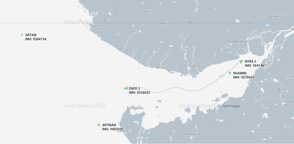 Iran-linked cargo ships near the Gulf of Kutch, India, on September 22 (Credit: Marine Traffic)