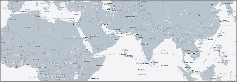 Iran-flagged cargo vessels across the region on October 14 (Credit: Marine Traffic)