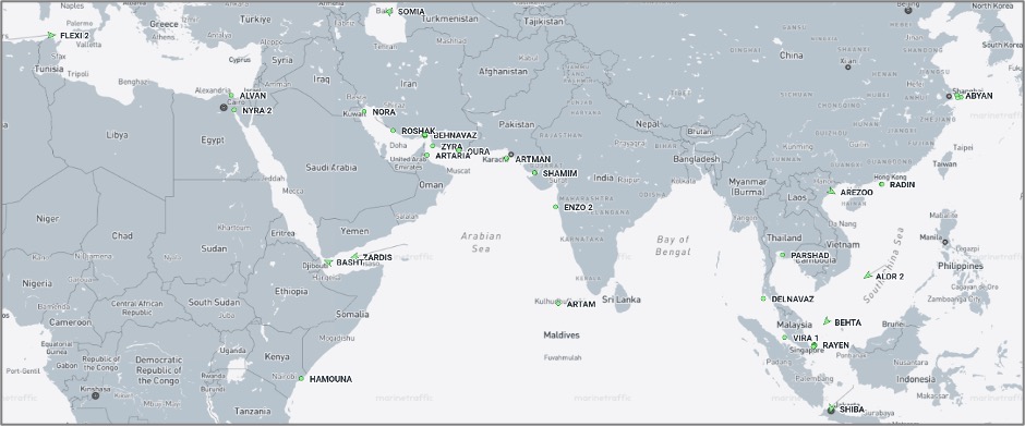Iran-flagged cargo vessels across the region on October 16 (Credit: Marine Traffic)