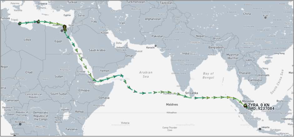 Iran-flagged cargo vessel journey from Libya to Port Klang on July 22 (Credit: Marine Traffic)