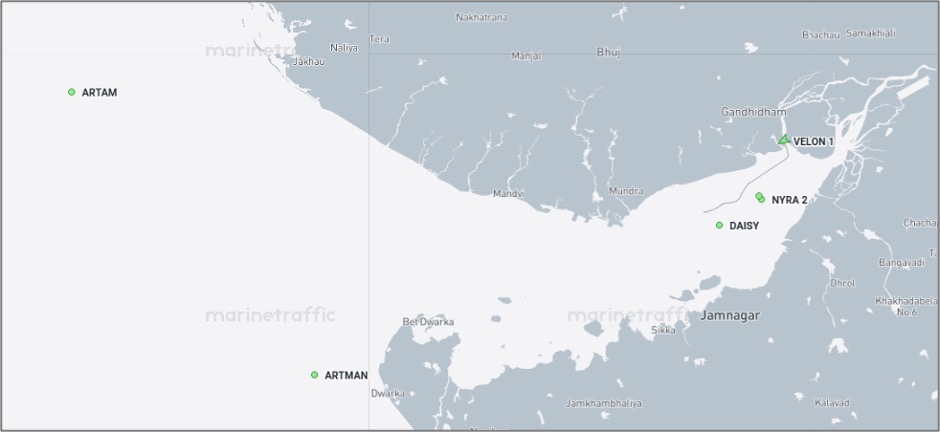Iran-flagged cargo ships near the Gulf of Kutch on October 1 (Credit: Marine Traffic)