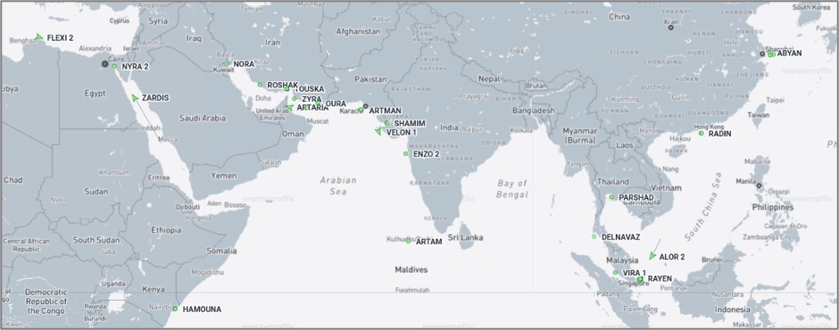 Iran-flagged cargo vessels across the region on October 19 (Credit: Marine Traffic)