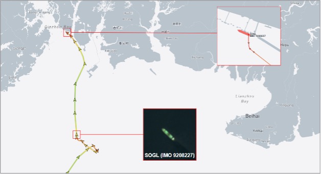 SOGL laden with Iranian LPG at Qinzhou Port, China on October 21 (Credit: ESA Copernicus & Marine Traffic)