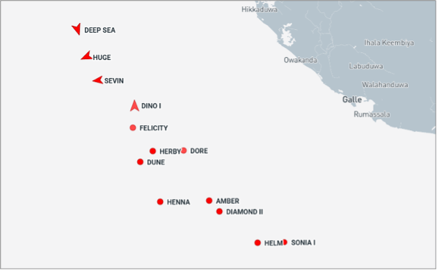 Empty Iran-flagged tankers near Galle, Sri Lanka on August 11 (Credit: Marine Traffic)