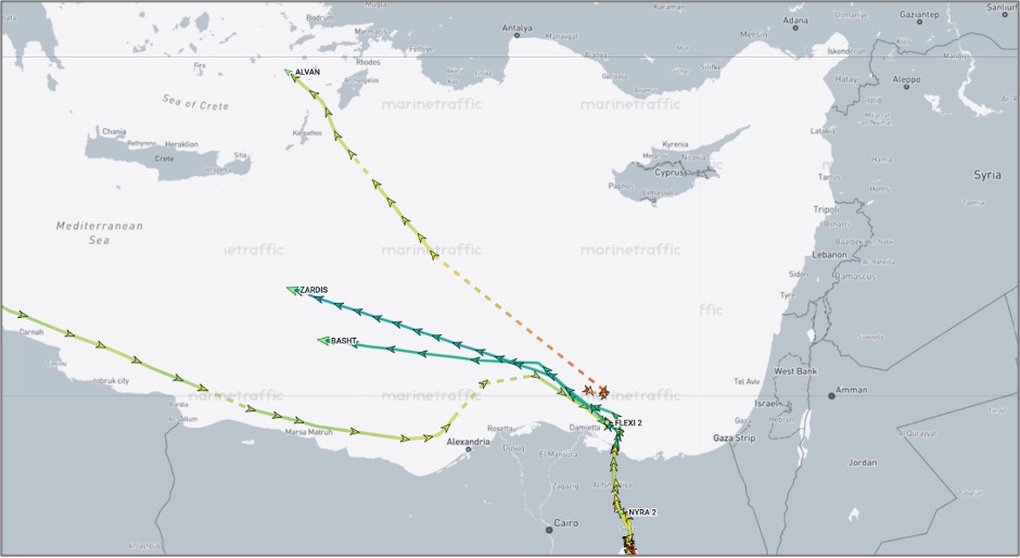 Iran-flagged cargo ships in the Mediterranean on October 22 (Credit: Marine Traffic)