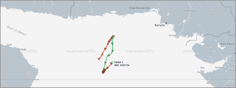 Iran-linked cargo ship RAMA 3, in the Gulf of Oman on August 19 (Credit: Marine Traffic)