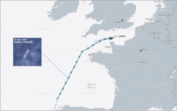 Iran-flagged cargo ship in the English Channel on October 29 (Credit: Marine Traffic & ESA Copernicus)