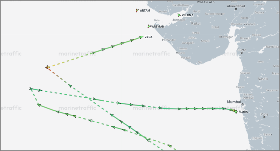 Iran-flagged cargo ships near the Gulf of Kutch and Mumbai on August 25 (Credit: Marine Traffic)